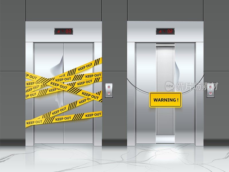 打破现实的电梯。电梯门正在维修。警告丝带。建筑物破坏机制。3 d走廊内部。错误的机舱门。门廊和大理石地板。向量的概念